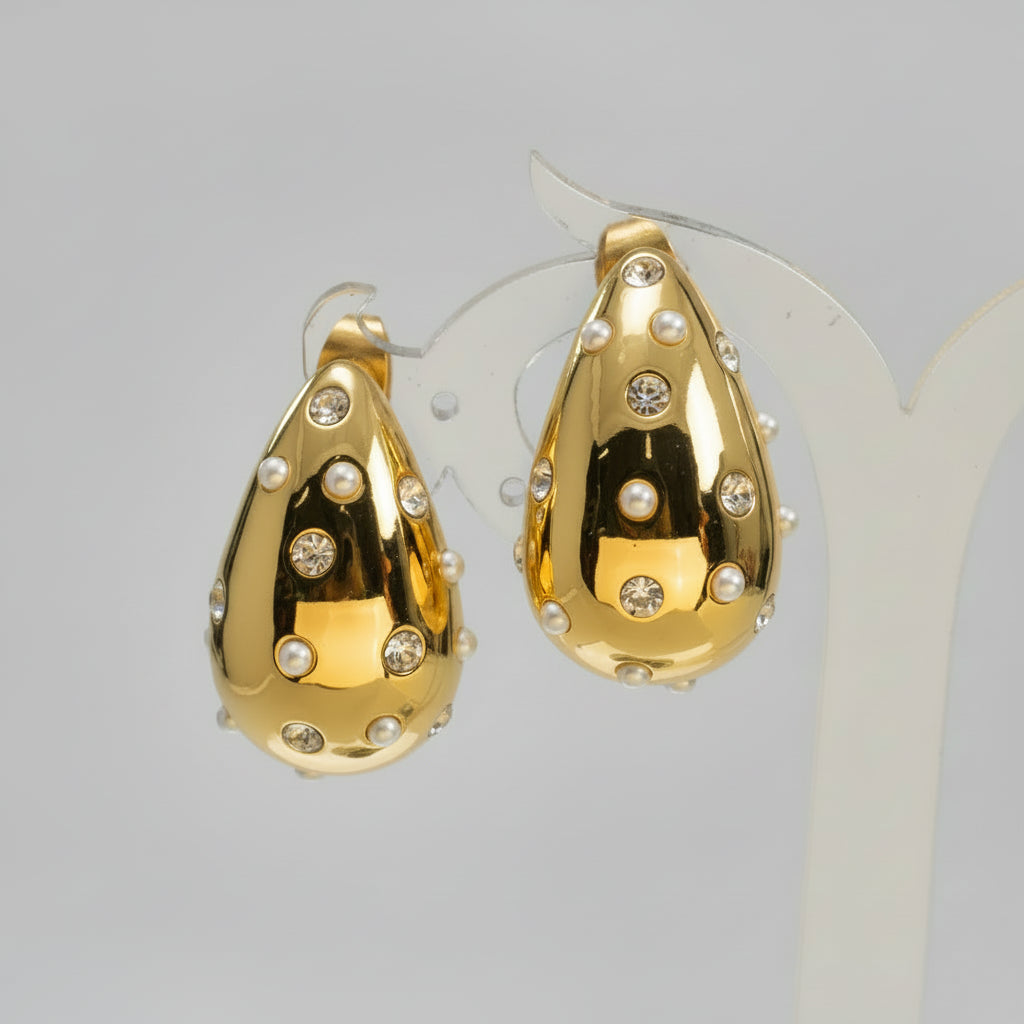 Crystal Embedded Gold Tear Drop Earrings