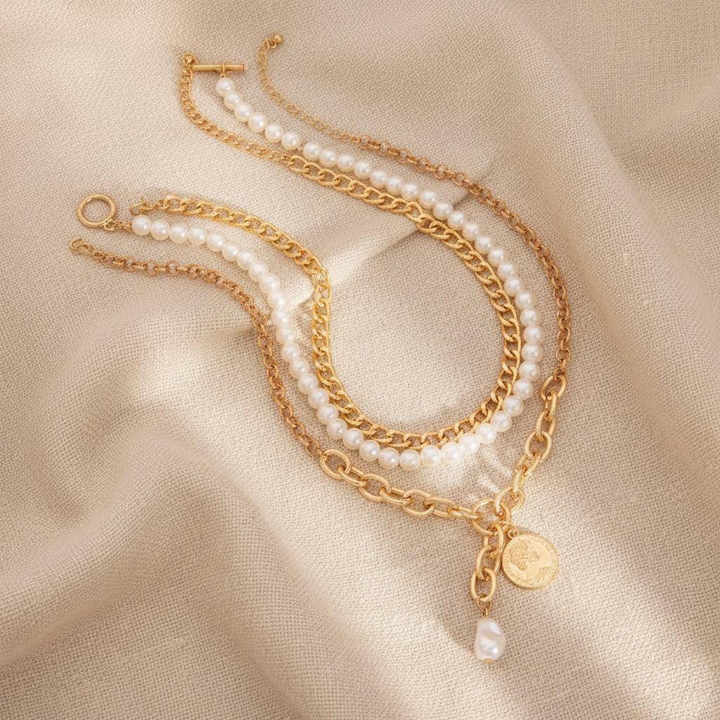 Pippa Pearl and Gold Coin Multi Strand Necklace