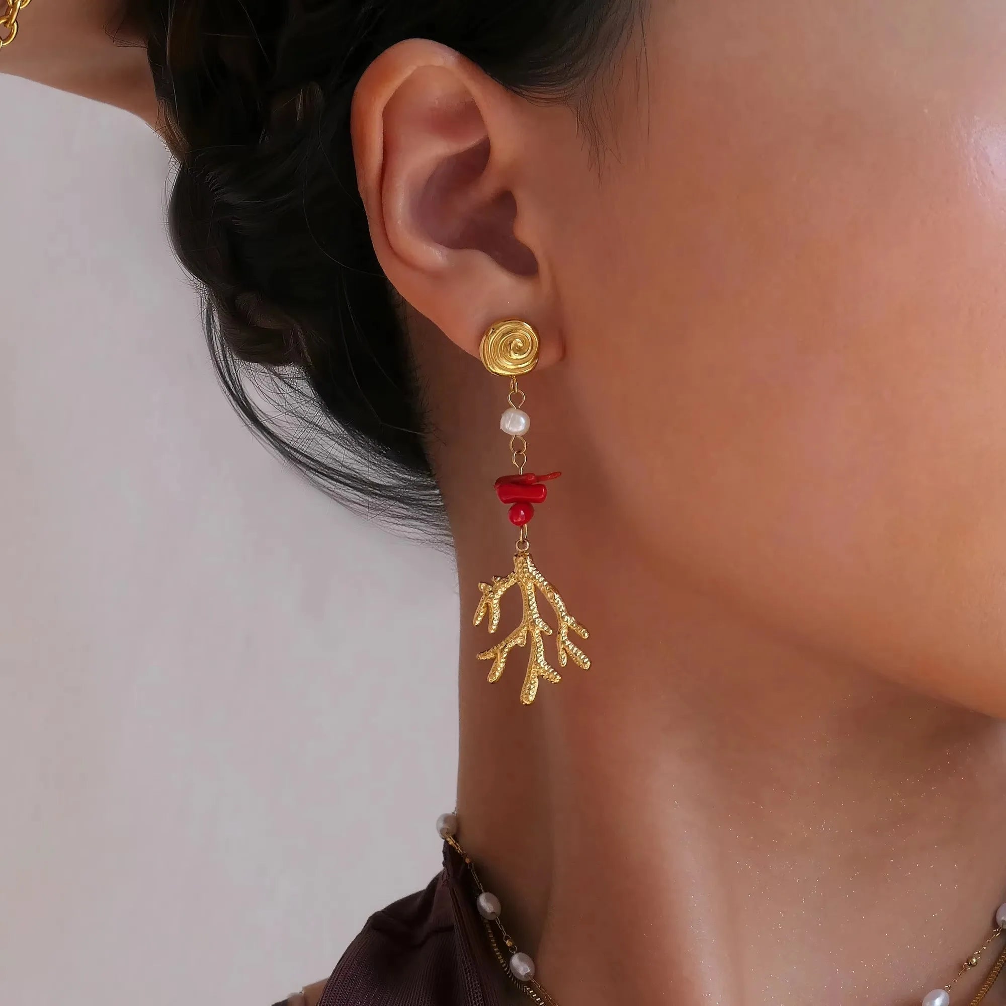 Gold and Coral Dangle Earrings