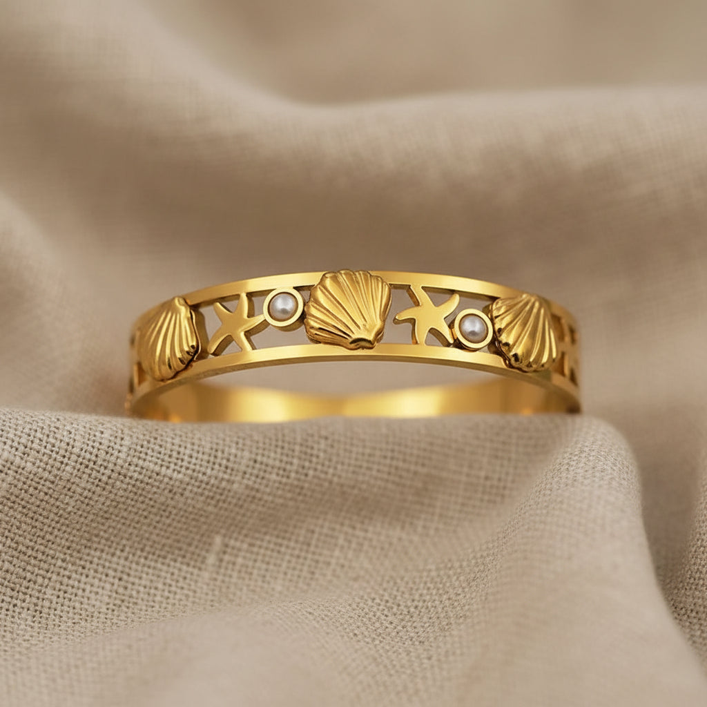 Gold Shell and Pearl Bangle Bracelets