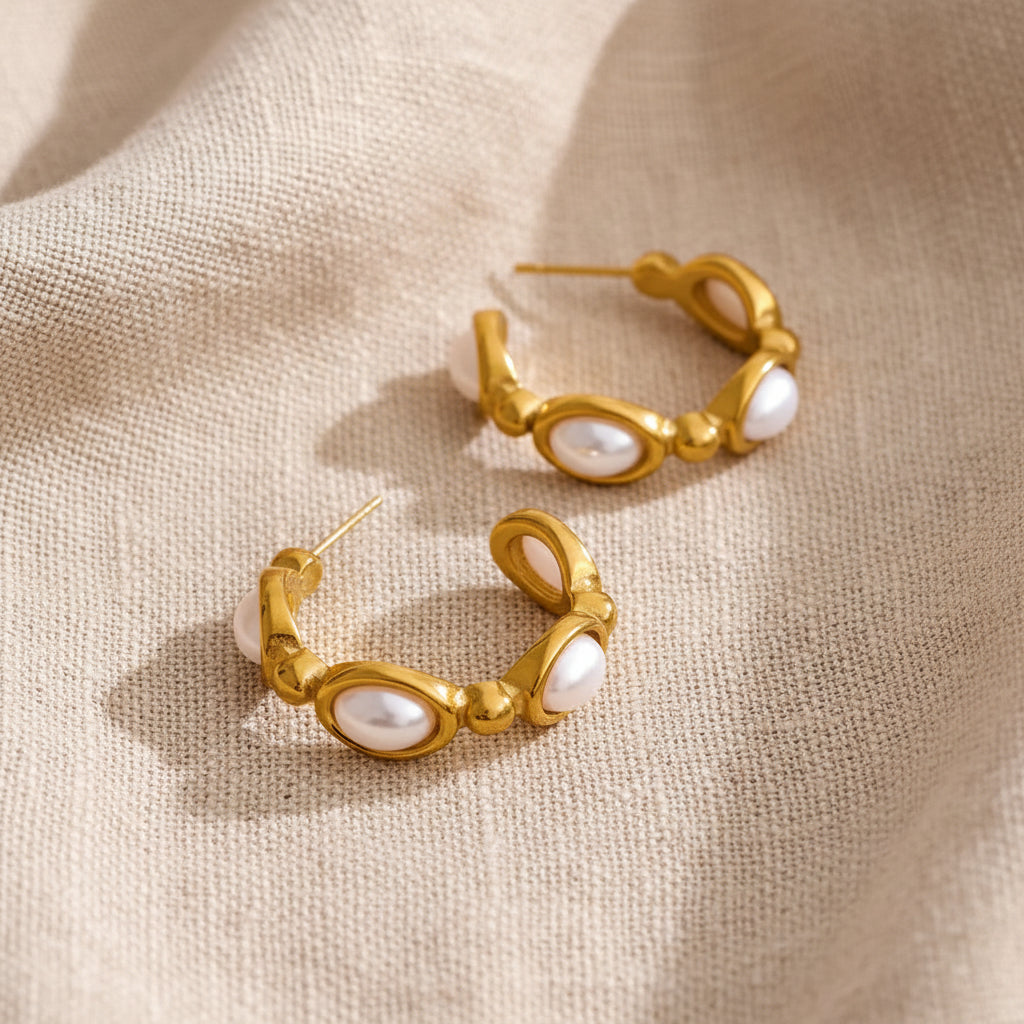 Waterproof Oval Pearl Gold Hoop Earrings