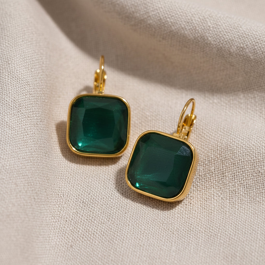 Gold Square Gemstone Waterproof Earrings