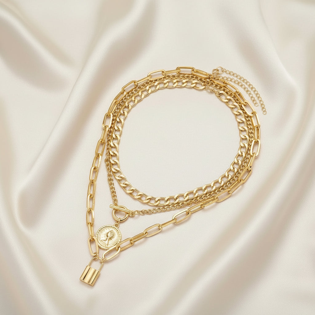 Gold Lock Statement Multi Chain Necklace