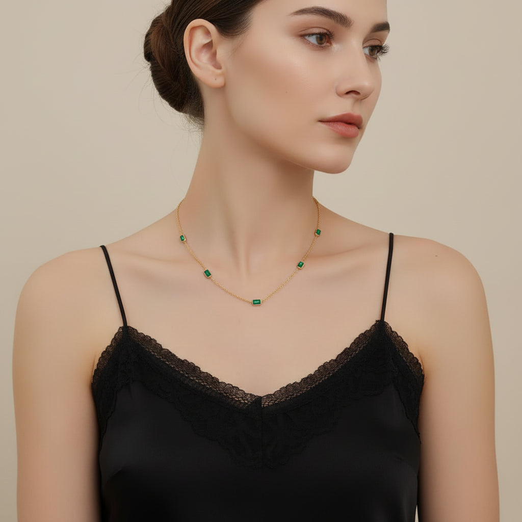 Ella Waterproof Bezel Emerald CZ Necklace