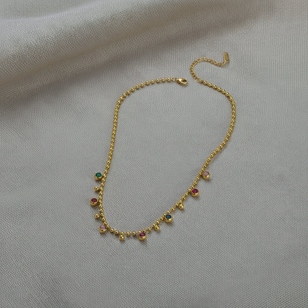 Paige Waterproof Gold Ball Chain Necklace with Multicolor CZ