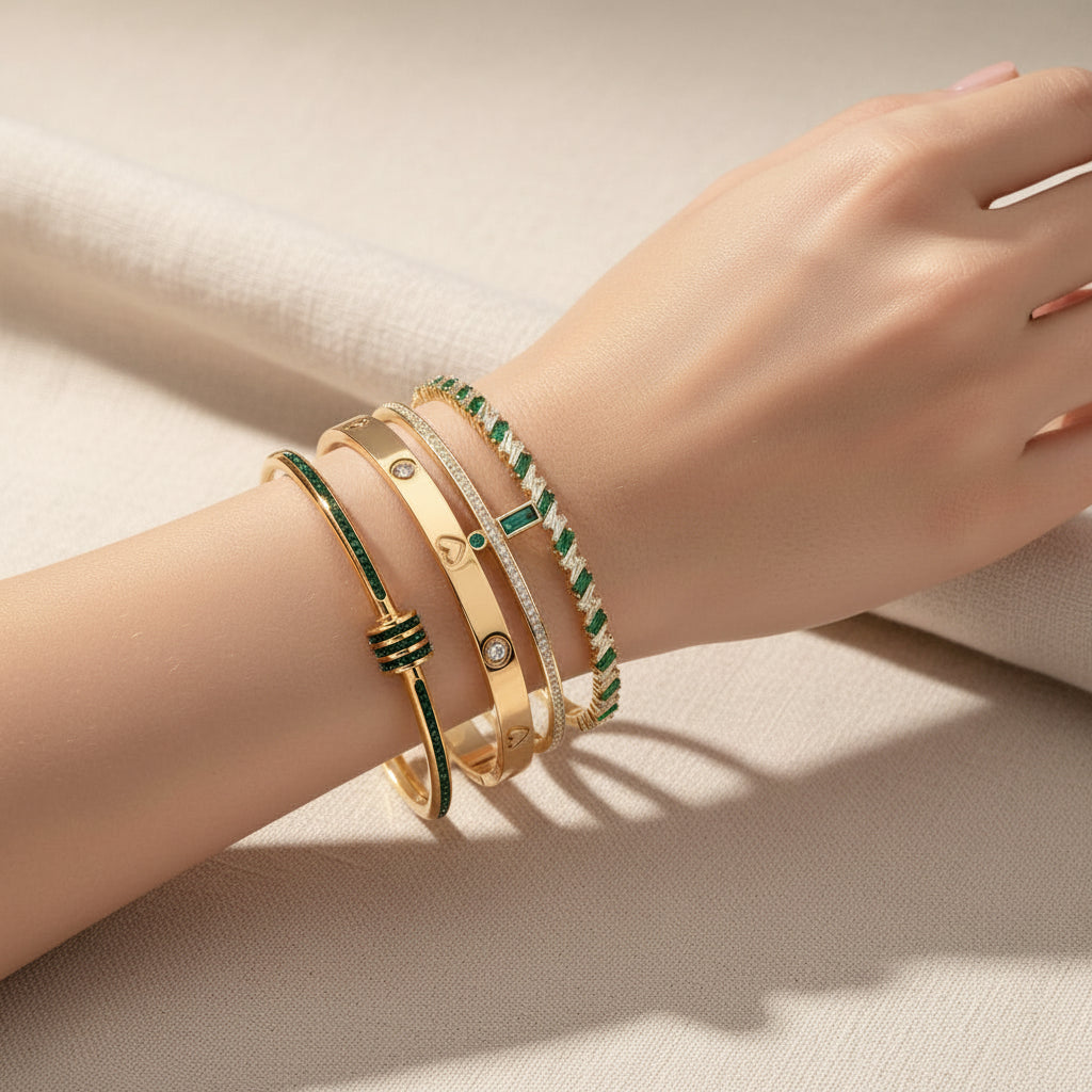 Libby 4 PC Set CZ Emerald + Diamond Look Waterproof Bangle