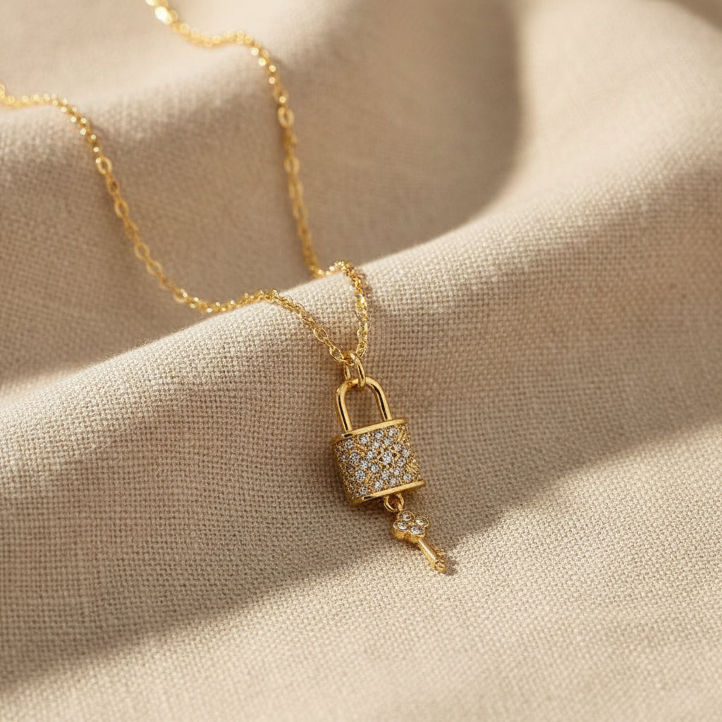 Crystal Mini Lock + Key Necklace
