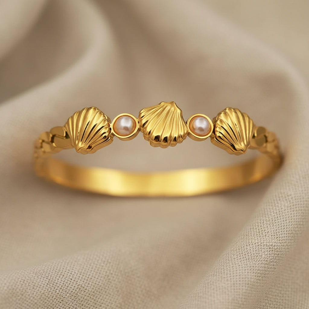 Gold Shell and Pearl Bangle Bracelets