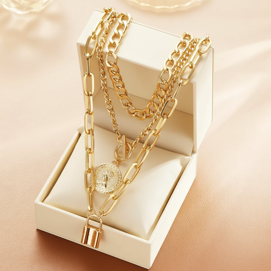 Gold Lock Statement Multi Chain Necklace