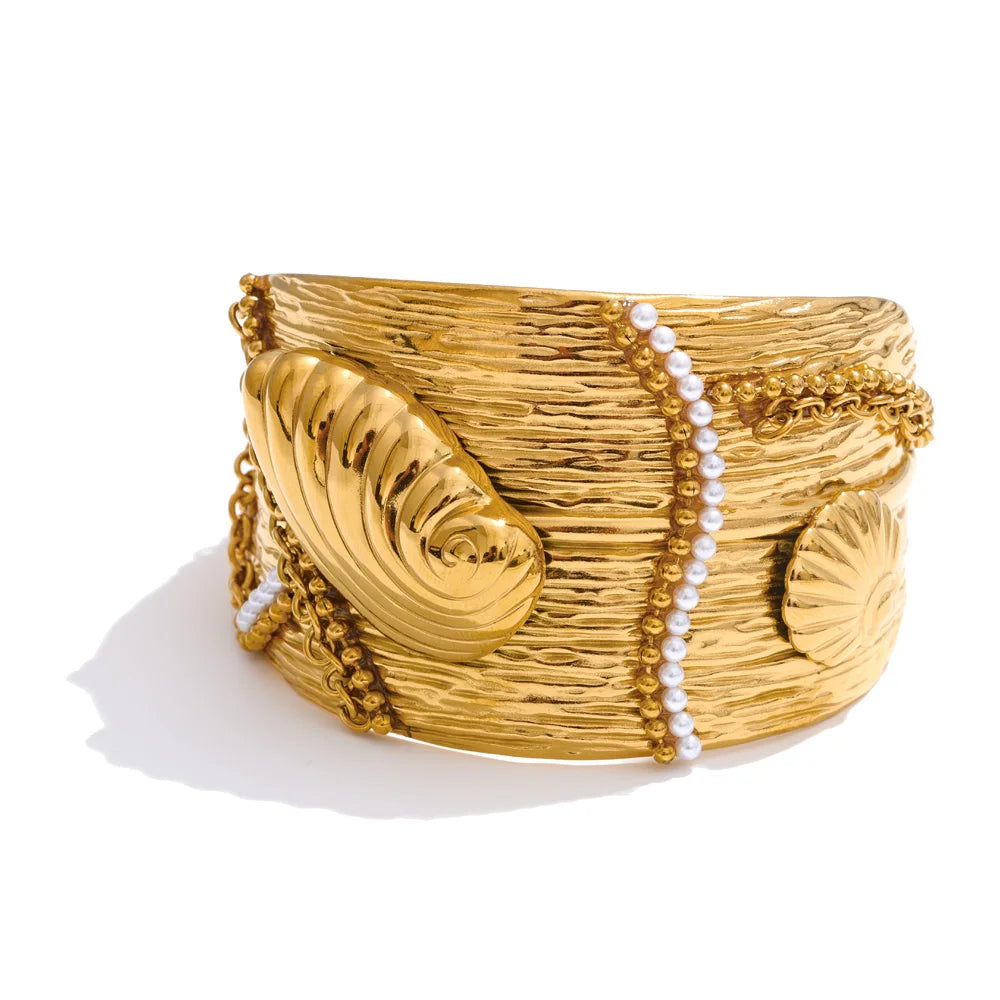 Coastal Gold Shell and Pearl Cuff
