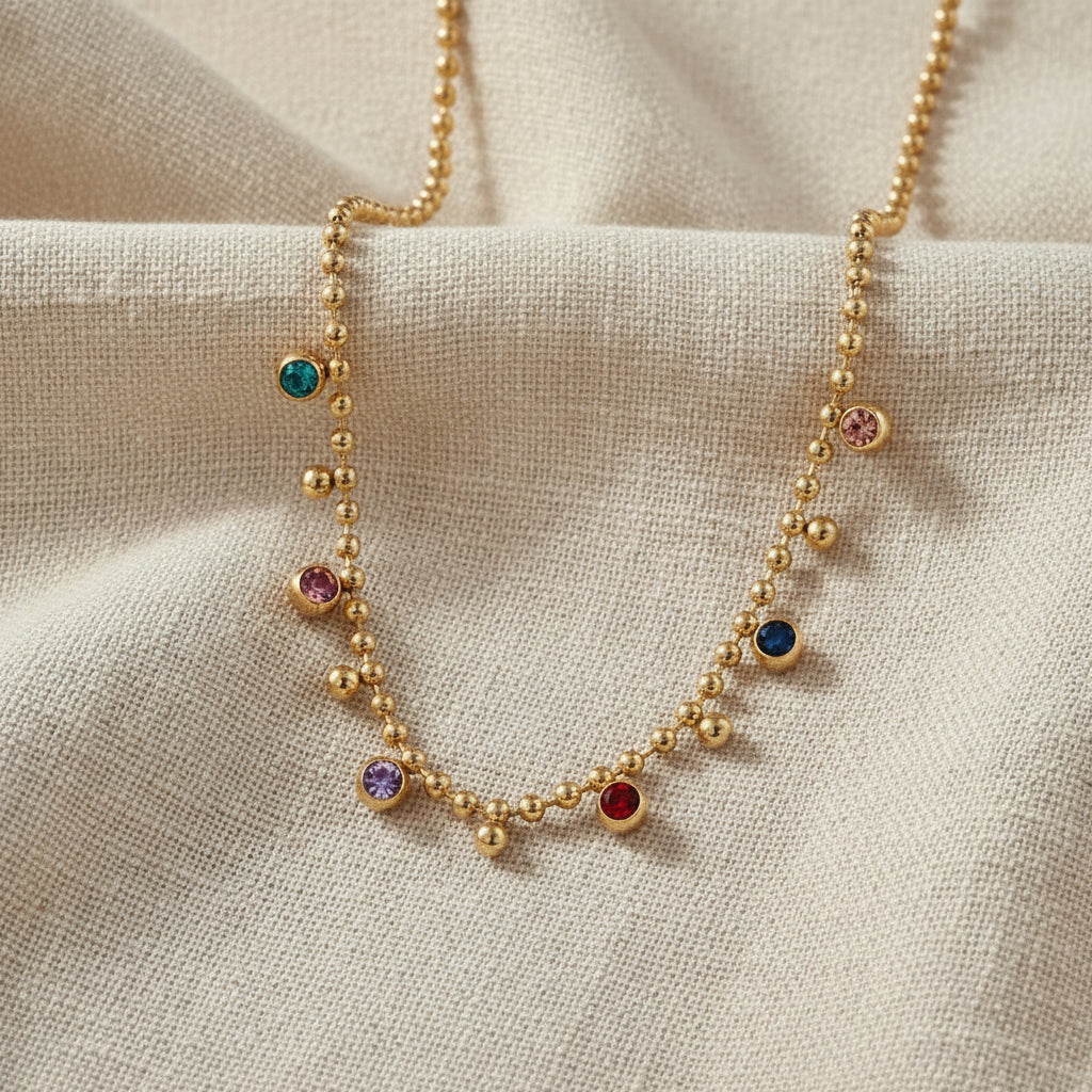 Paige Waterproof Gold Ball Chain Necklace with Multicolor CZ