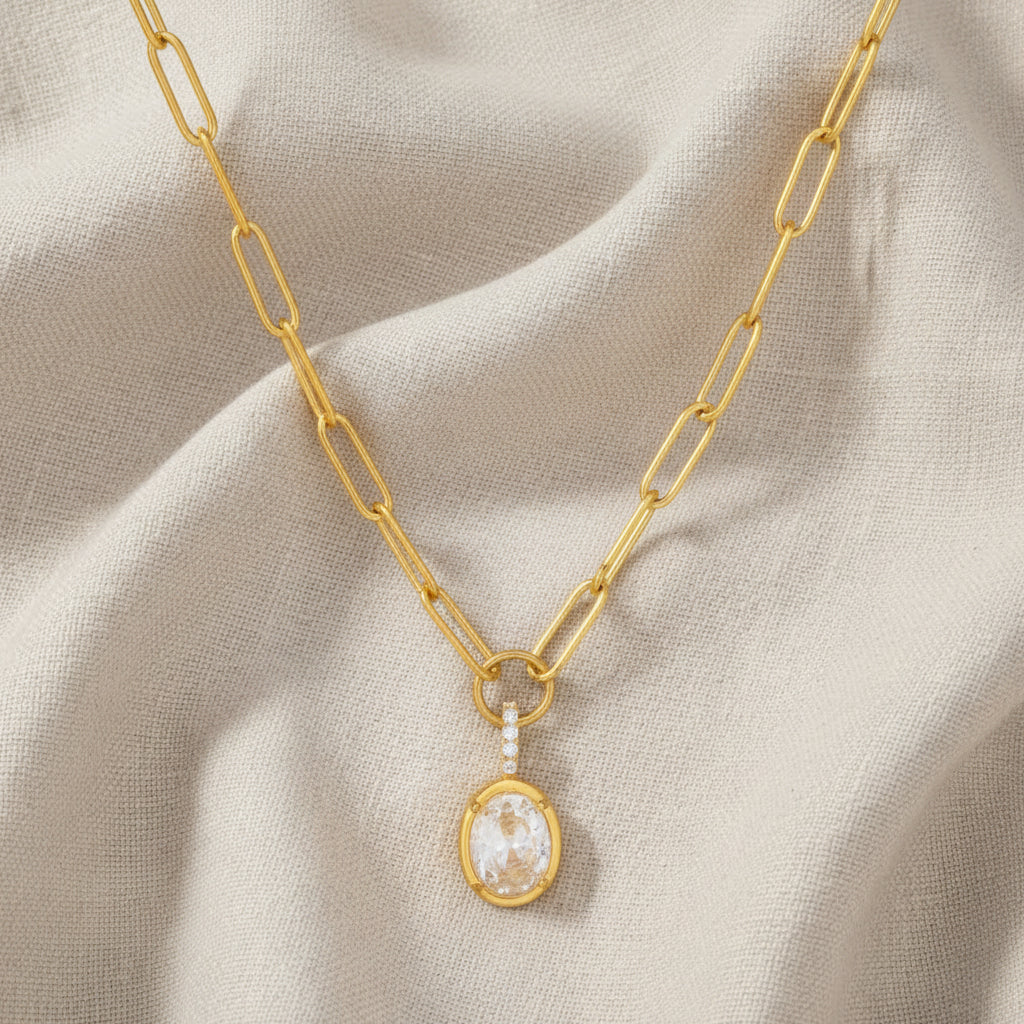 Julia Paperclip CZ Oval Drop Gold Necklace