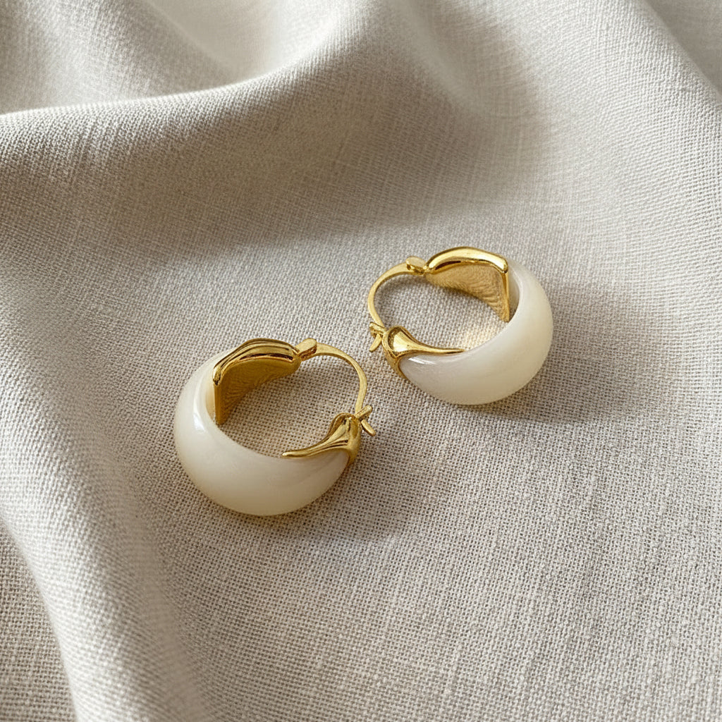 Ivory Resin and Gold Hoop Earrings