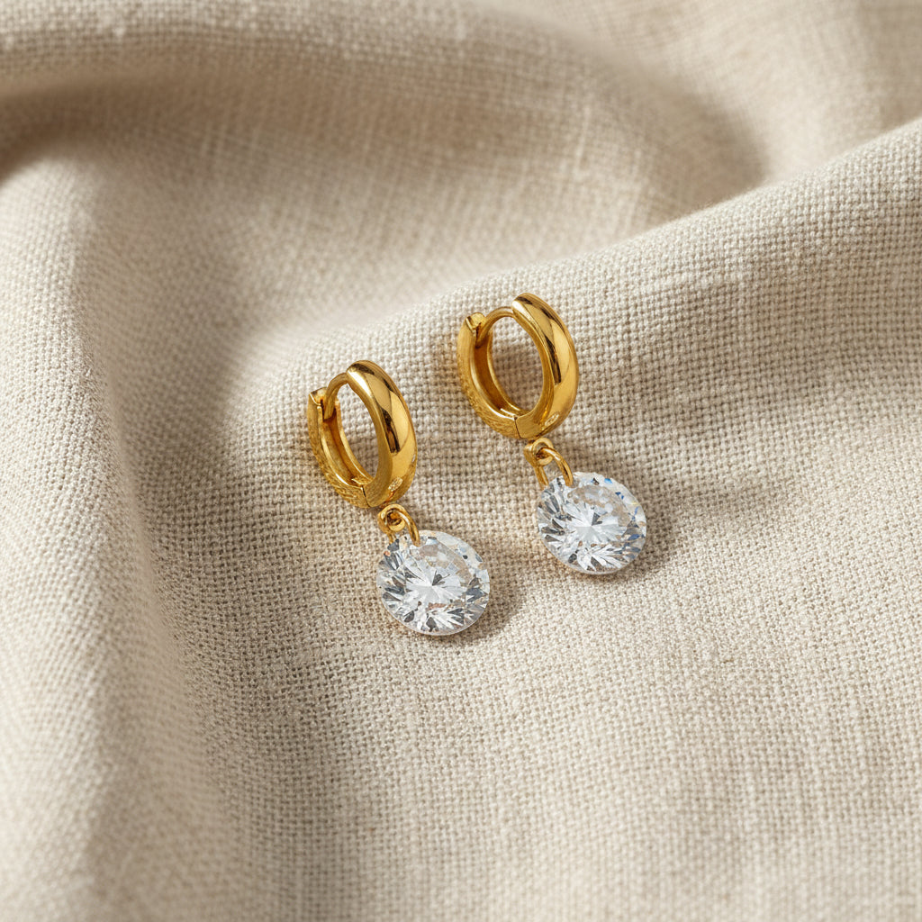 Gold Huggie Crystal Drop Earrings