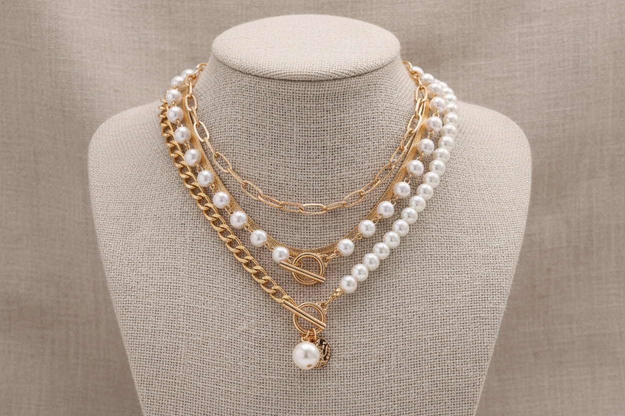 Gold and Pearl Multi Layered Necklace