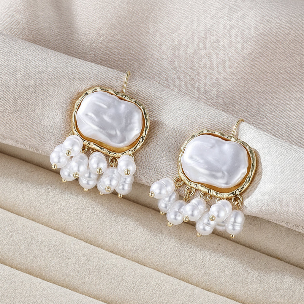 White Pearl and Gold Dangle Earrings