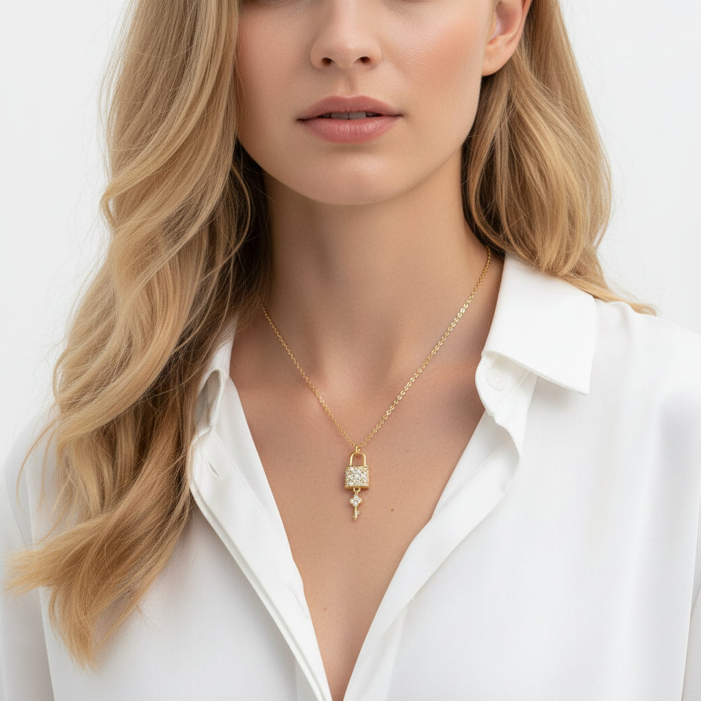 Crystal Mini Lock + Key Necklace