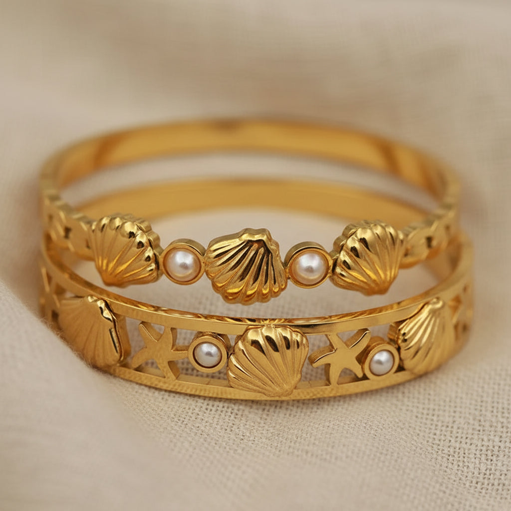 Gold Shell and Pearl Bangle Bracelets
