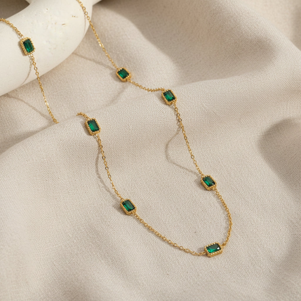 Ella Waterproof Bezel Emerald CZ Necklace