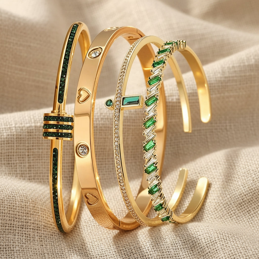 Libby 4 PC Set CZ Emerald + Diamond Look Waterproof Bangle