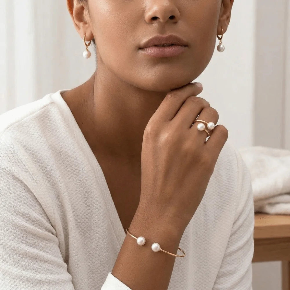 Modern Pearl Bracelet, Earring and Ring Set