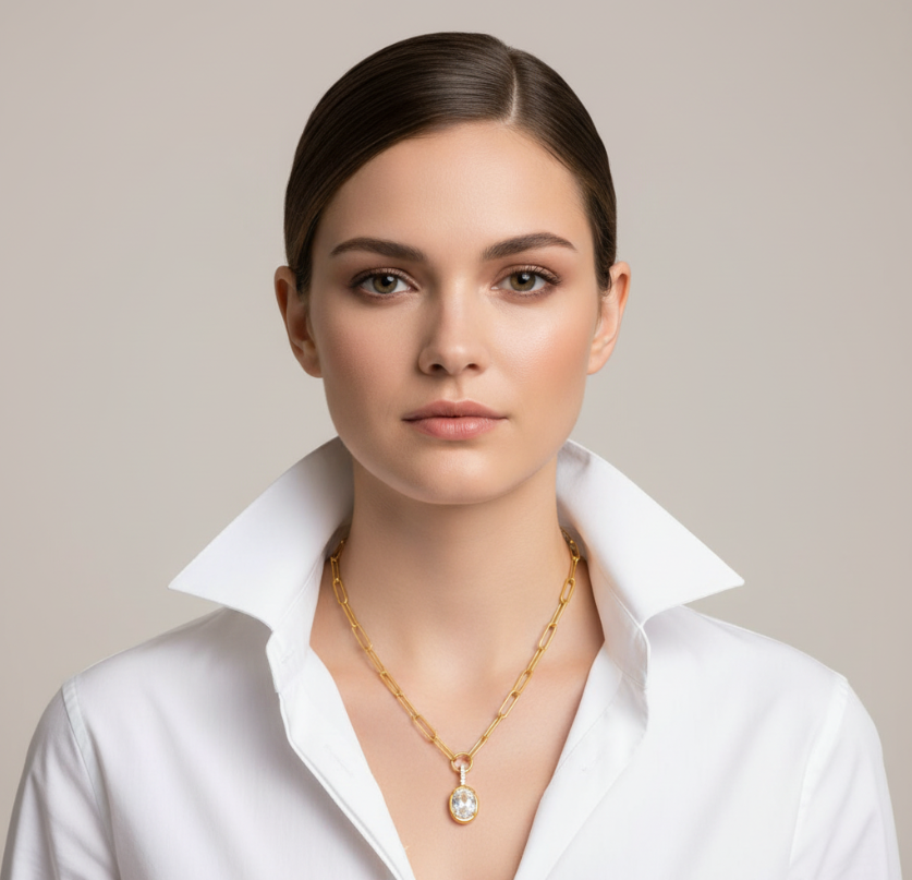 Julia Paperclip CZ Oval Drop Gold Necklace