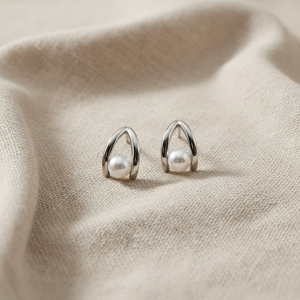 Stella Sculptural Sterling Silver and Pearl Studs
