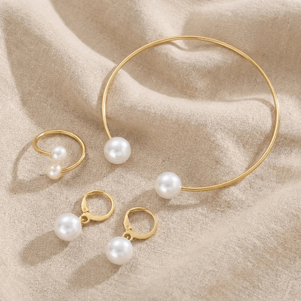 Modern Pearl Bracelet, Earring and Ring Set