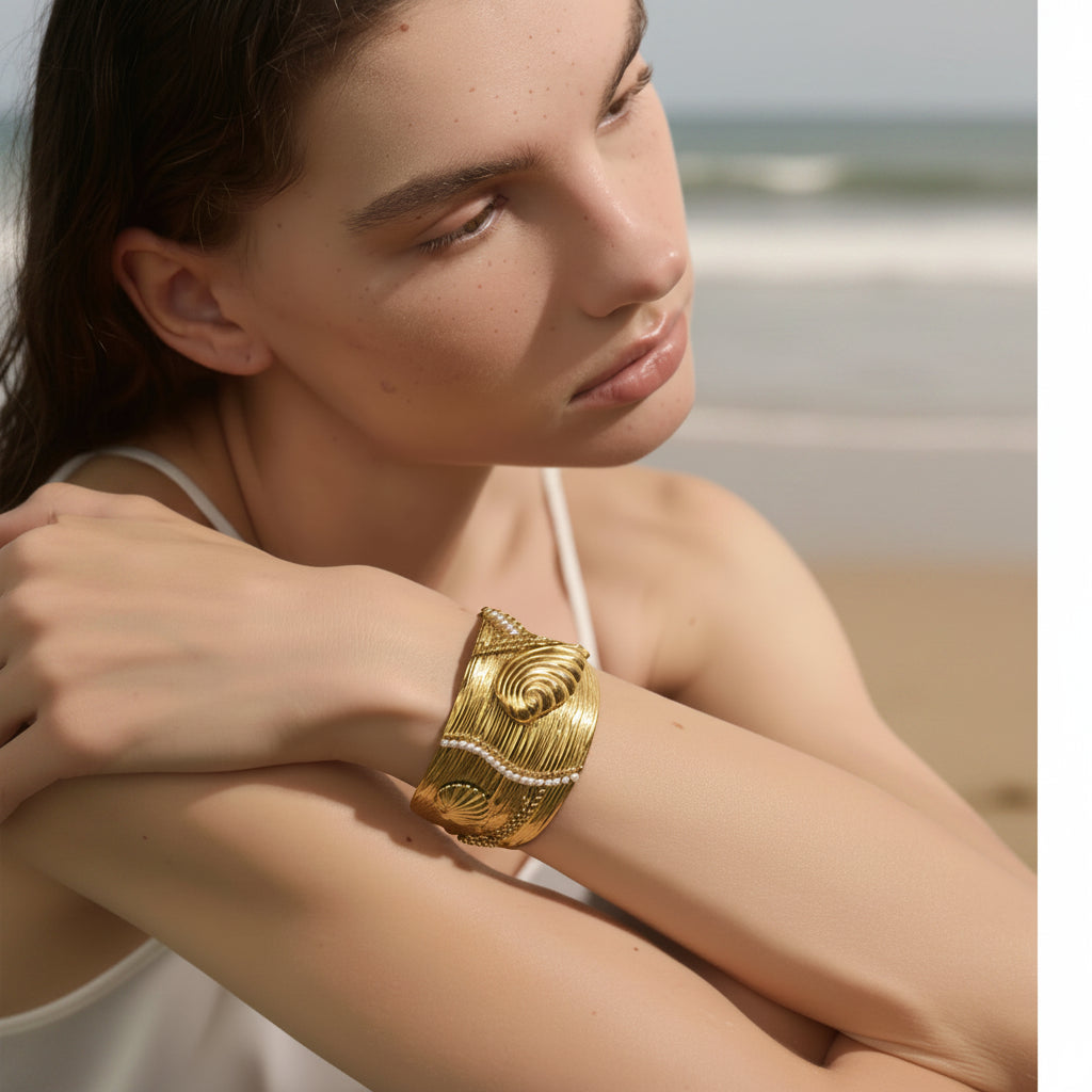 Coastal Gold Shell and Pearl Cuff