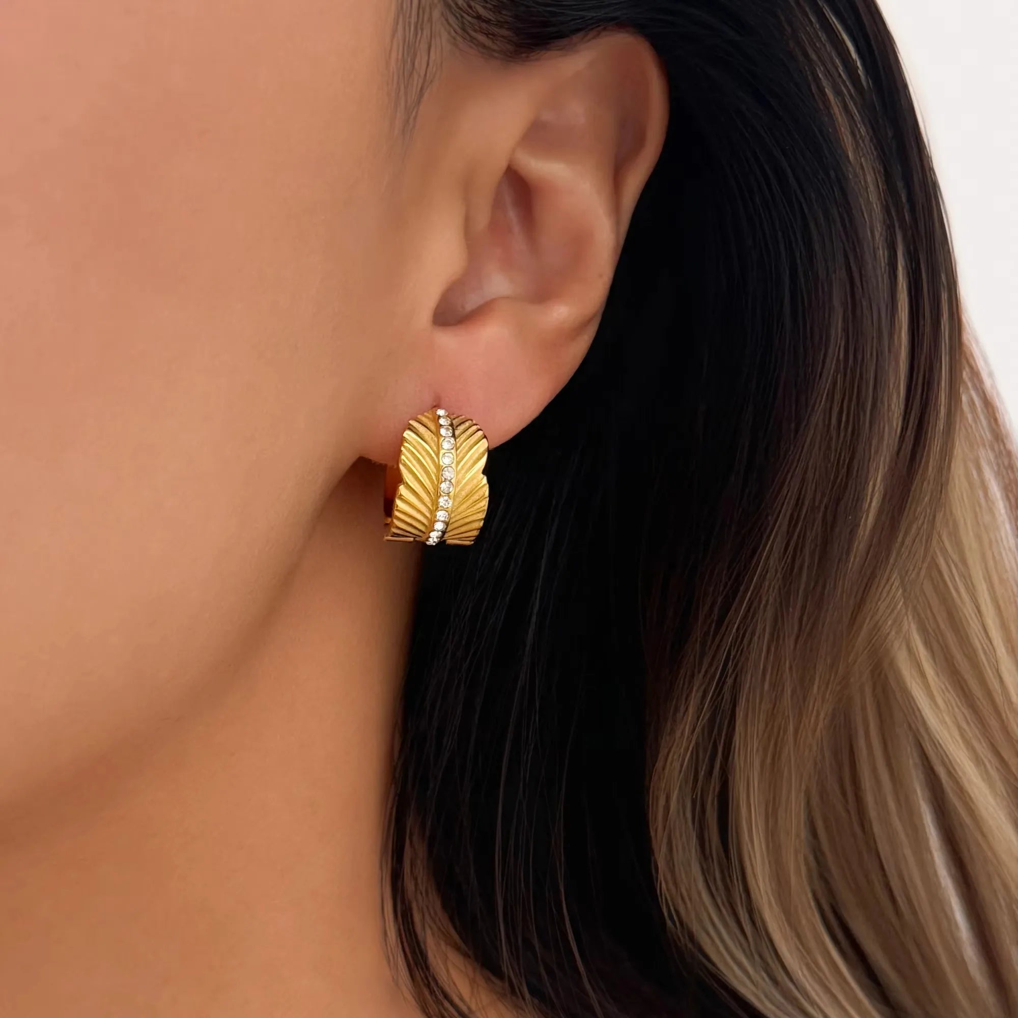 Elegant Waterproof Gold Leaf and Crystal Hoop Earrings