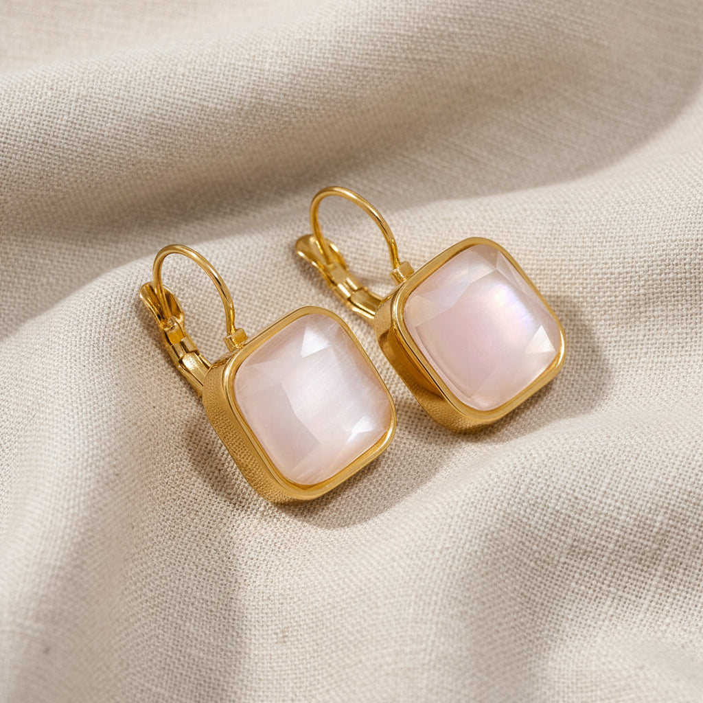 Gold Square Gemstone Waterproof Earrings