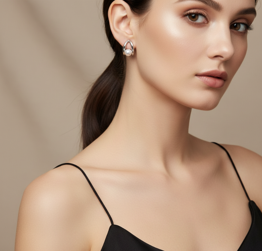 Stella Sculptural Sterling Silver and Pearl Studs