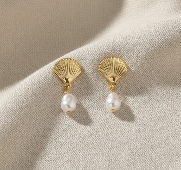 Gold Scallop and Pearl Earrings