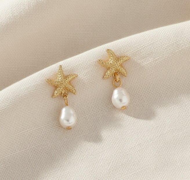 Gold and Pearl Starfish Earrings
