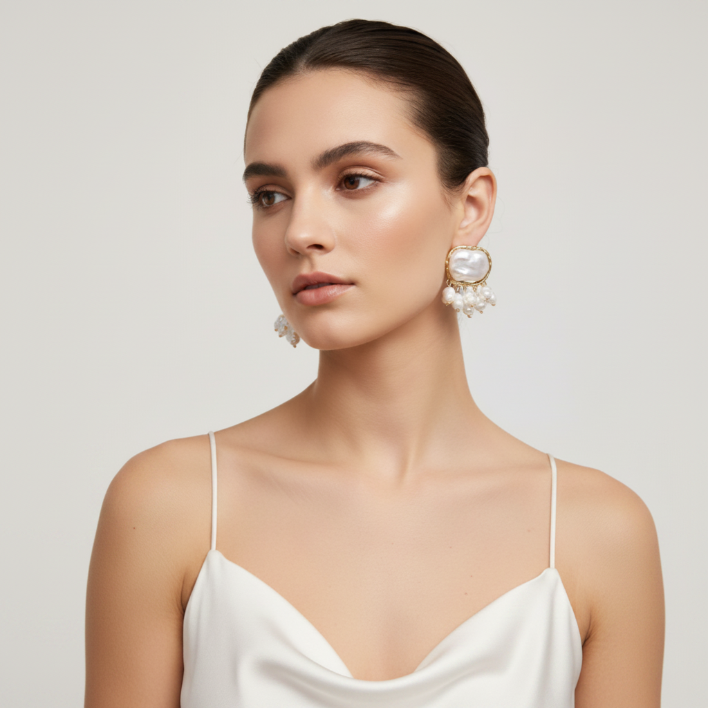 White Pearl and Gold Dangle Earrings